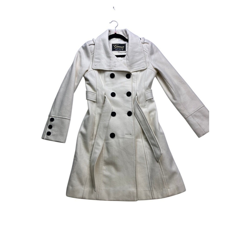 Guess Wool Blend Peacoat Womens Small Cream Double Breasted Belted